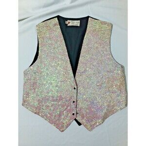 Vintage JC 001 USA Sequin Vest Mens L 36 Iridescent Handmade Stage Performance